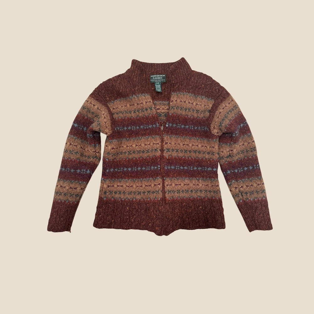 LAUREN Ralph Lauren Petite Fair Isle Zip Up Knit Sweater Wool Mohair LRL Vintage